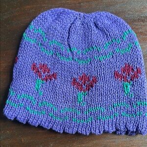 Purple Knitted Kids Beanie with Floral Design